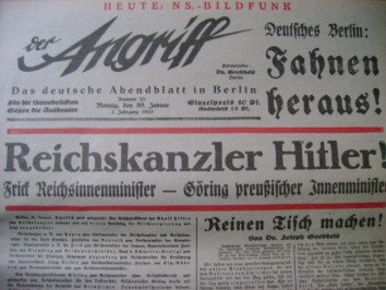 Der Angriff, Das Deutsche Abendblatt in Berlin vom 30. Januar 1933. Foto: Archiv/RvAmeln
