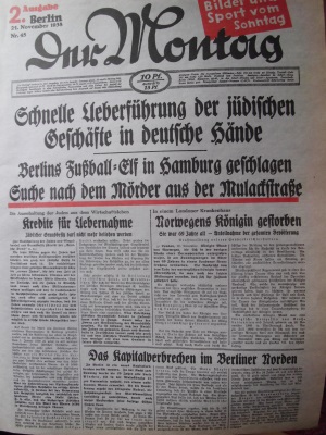 "Der Montag" iAusgabe vom 21. November 1938. Foto: Archiv/RvAmeln 